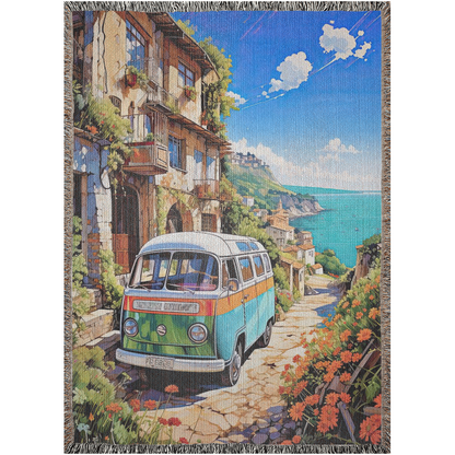 A digital image of an old-school van parked at a seaside village on the Mediterranean.