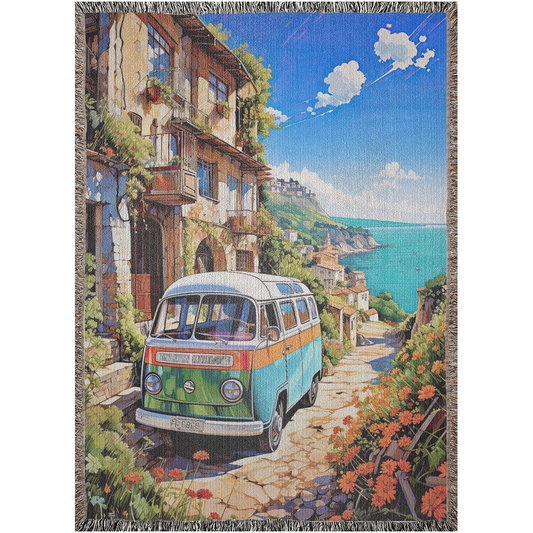 Woven blanket titled Van Life on the Med features a tapestry design with a parked bus, highlighting luxury and personal style from Artifact1337.