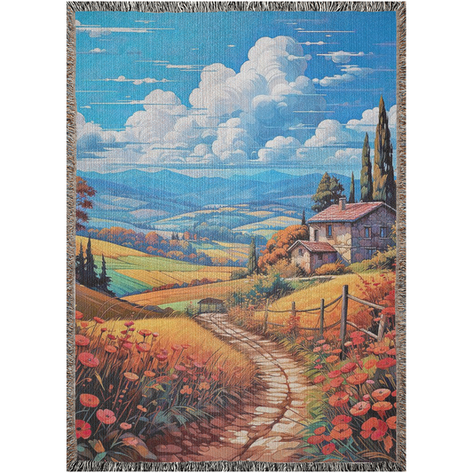 Poppies in Bloom Woven Blanket features an artistic landscape with a house and floral motifs, offering luxury and style for home decor.