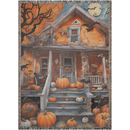 Digital art of a spooky house surrounded by pumpkins.