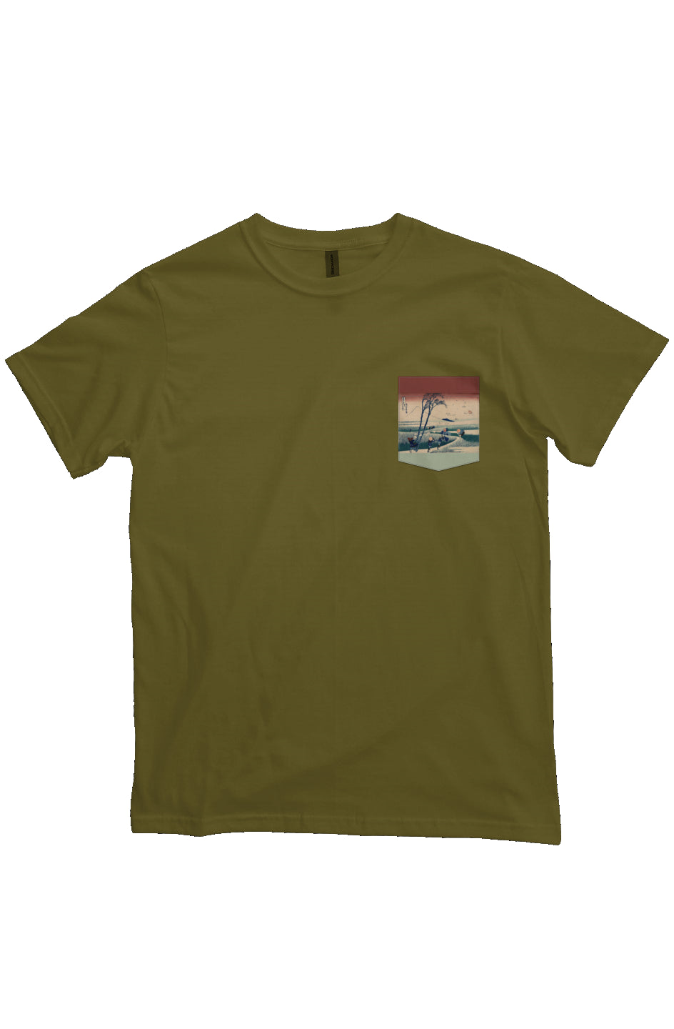 Ejiri in Suruga Province, Japanese Block Art Pocket T-Shirts, Ukiyo-e, heavyweight cotton fabric t-shirt, olive green