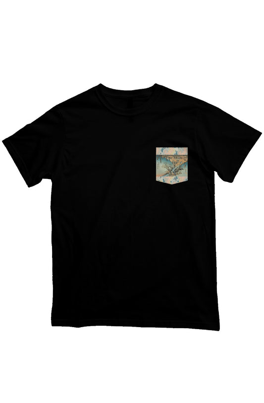 Red Maple Trees at the Tsuten Bridge, Japanese Block Art Pocket T-Shirts, Ukiyo-e, heavyweight cotton fabric t-shirt, black