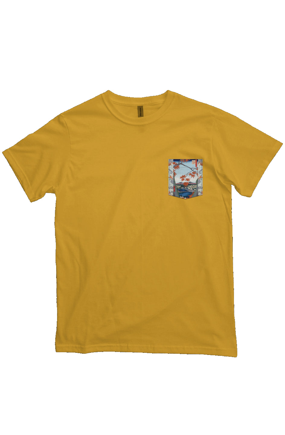 Maple Trees at Mama, Tekona Shrine, Japanese Block Art Pocket T-Shirts, Ukiyo-e, heavyweight cotton fabric t-shirt, "beehive" yellow