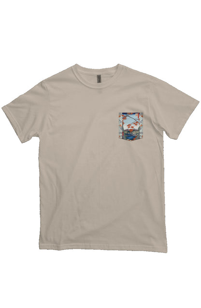 Maple Trees at Mama, Tekona Shrine, Japanese Block Art Pocket T-Shirts, Ukiyo-e, heavyweight cotton fabric t-shirt, natural