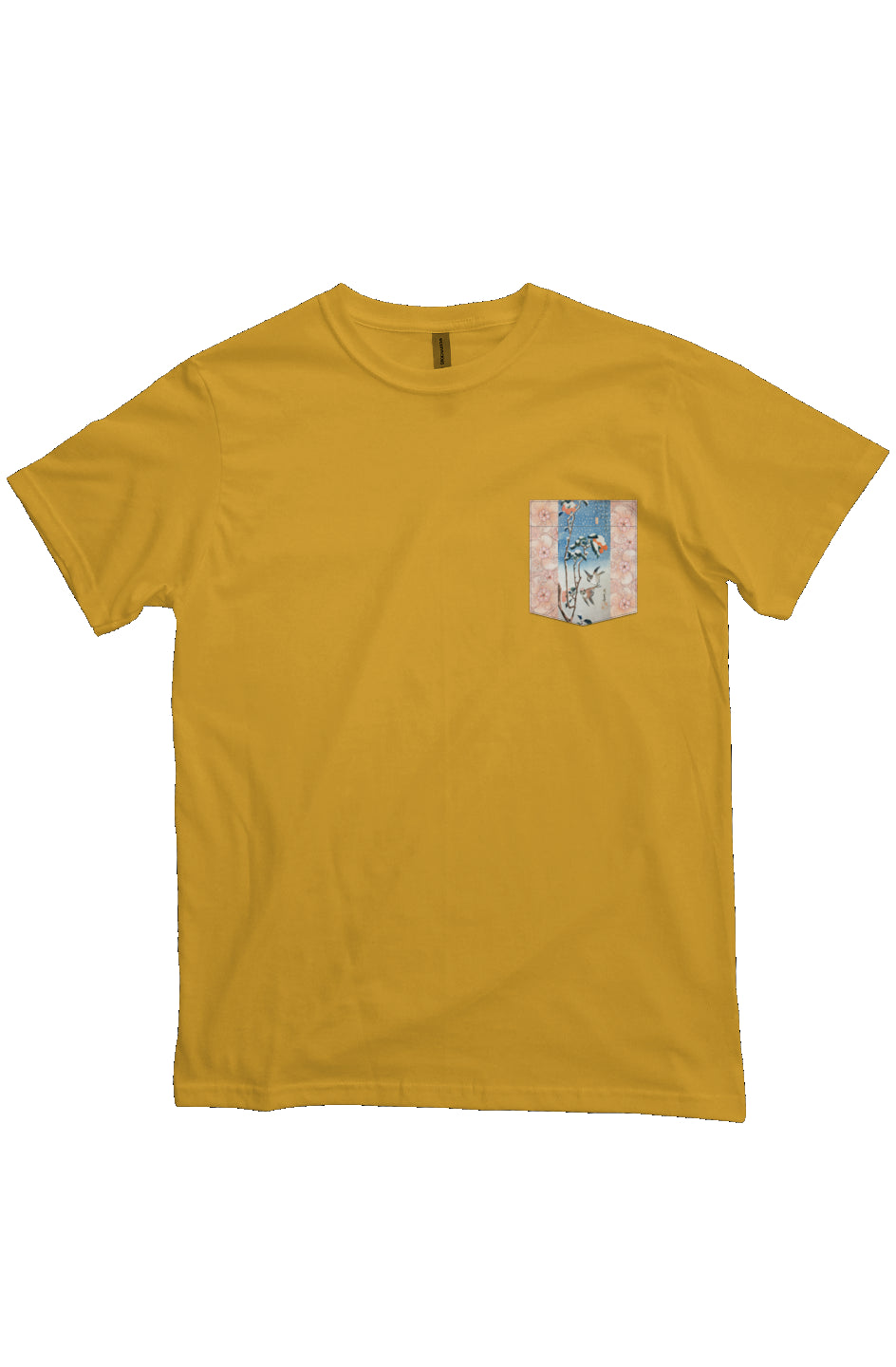 Sparrows and Camellia in Snow, Japanese Block Art Pocket T-Shirts, Ukiyo-e, heavyweight cotton fabric t-shirt, "beehive" yellow