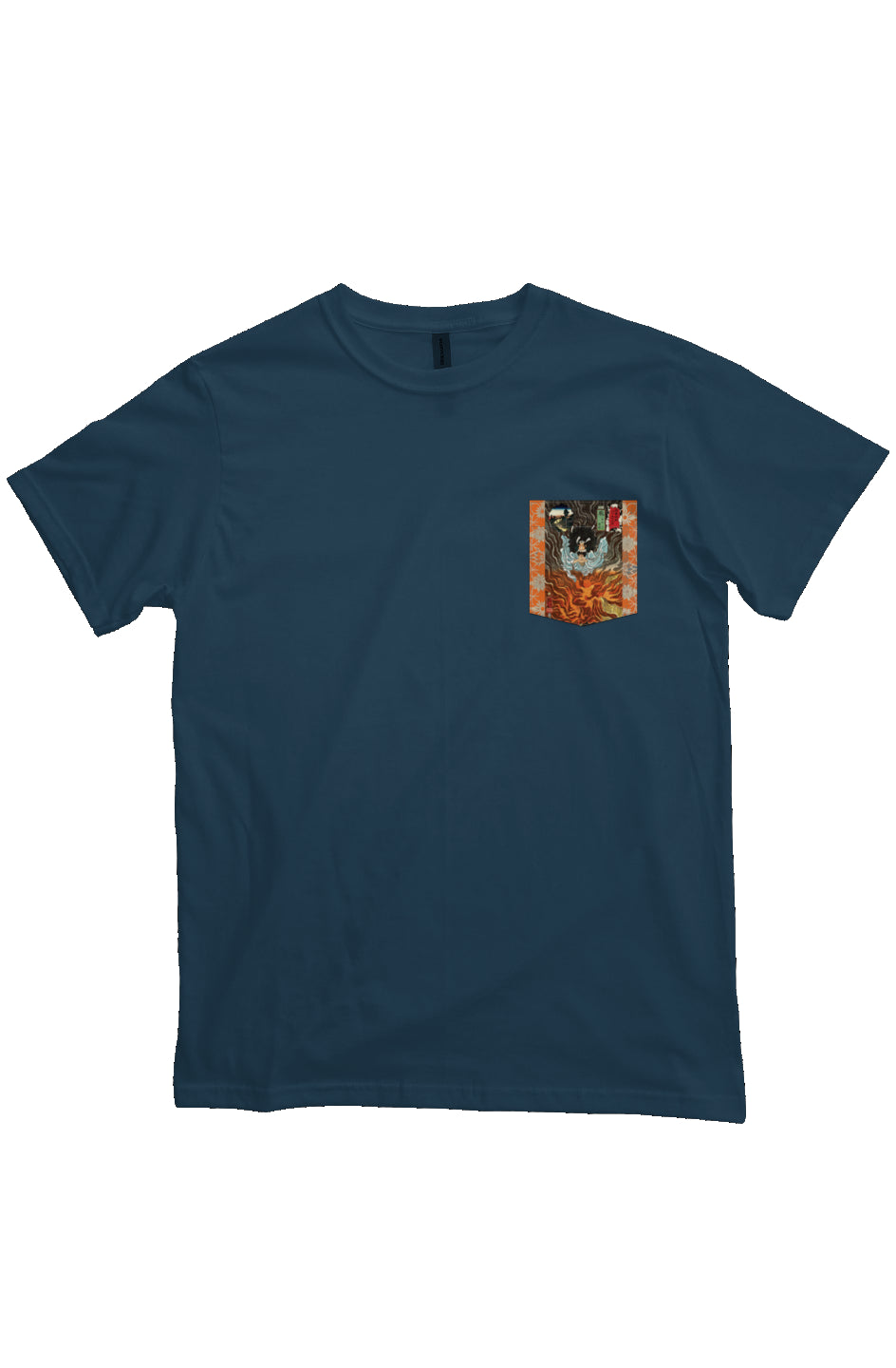 Warabi Inuyama Dôsetsu, Japanese Block Art Pocket T-Shirts, Ukiyo-e, heavyweight cotton fabric t-shirt, "pacific" blue