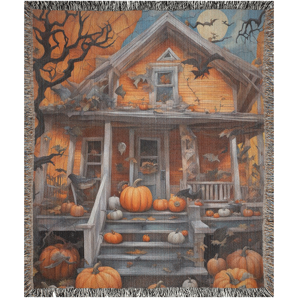 Digital art of a spooky house surrounded by pumpkins.