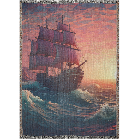 Long Journey Ship woven blanket featuring a sailboat at sea, crafted from 100% pure cotton, adding luxury and personality to home décor.