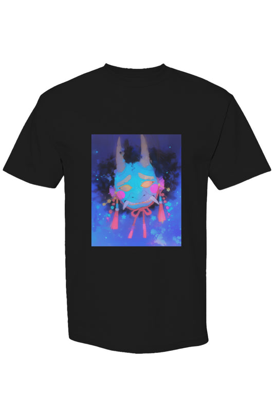 Black Shinjoku Streetwear XXVIII | Six 25 T-shirt featuring a vibrant, neon-style oni mask design with cosmic elements, showcasing modern urban and digital artistry.