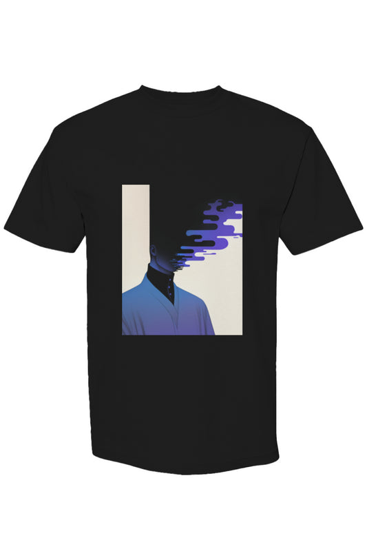Black Six 25 T-shirt with surreal graphic of a half-silhouetted figure, head dissolving into purple glitch bars. Part of Shinjoku Streetwear XXIV collection.