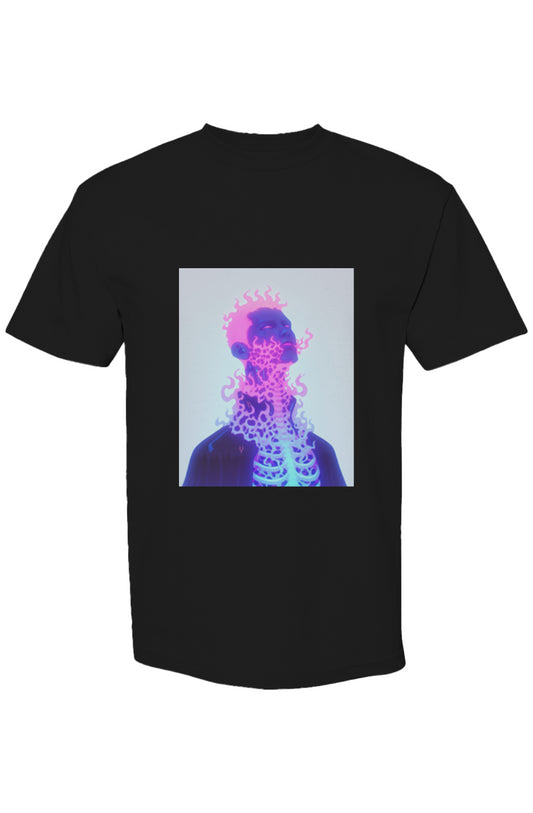 Black T-shirt with surreal neon graphic of a ribcage glowing blue and head wreathed in pink flames; part of Shinjoku Streetwear XXVI | Six 25 collection.