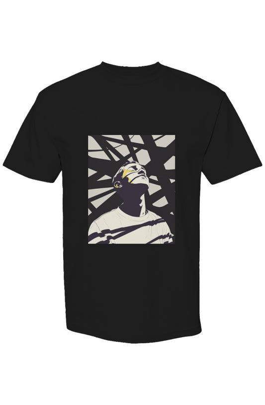Shinjoku Streetwear XXVII | Six 25: Black T-shirt featuring a stylized person under abstract shadows and yellow light, embodying contemporary digital artistry.