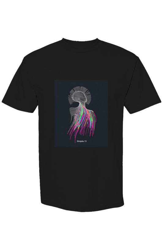 Black Shinjoku Streetwear XXXI | Six 25 T-shirt with abstract head graphic, neon streaks, and Shinjuku 13. caption, offering a modern urban aesthetic.