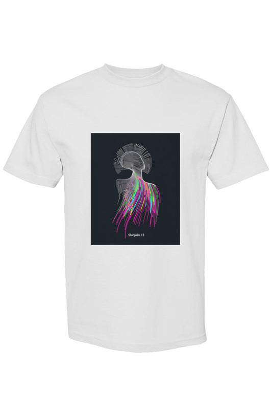 Plain white T-shirt with abstract bust graphic, colorful strands, and Shinjoku 13. text. Part of Shinjoku Streetwear XXXI | Six 25 collection.