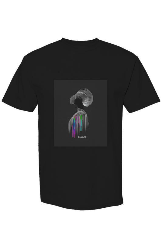 Black crew-neck T-shirt with Shinjoku Streetwear XXXII | Six 25 design, featuring a colorful stylized silhouette and text “Shinjoku13.” on the chest.