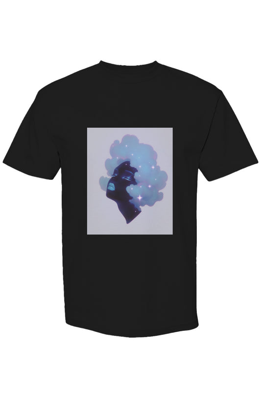 Shinjoku Streetwear XXXIV | Six 25: Black T-shirt featuring a cosmic-inspired silhouette graphic with nebula hair, capturing modern urban aesthetic and digital artistry.