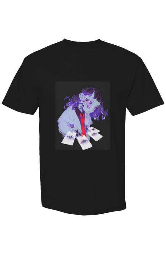 Shinjoku Streetwear XXXV | Six 25: Black T-shirt featuring a surreal purple-haired girl with multiple eyes, dealing eye-themed cards, in a mystical anime style.