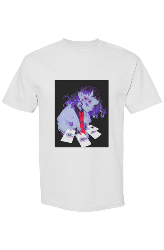 Shinjoku Streetwear XXXV | Six 25 T-shirt featuring a surreal anime-style illustration with a multi-eyed woman and eye cards, capturing futuristic streetwear artistry.