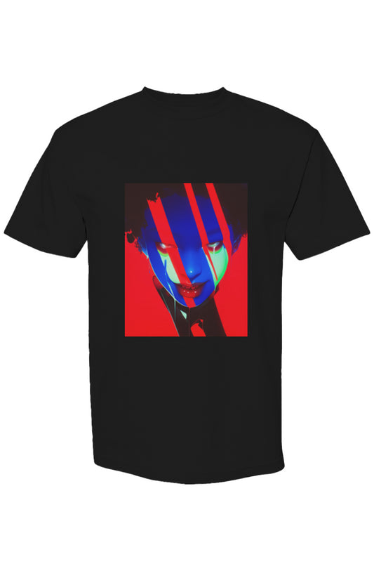 Shinjoku Streetwear XXXVI | Six 25 T-shirt features a futuristic, neon cyber-punk portrait on black, showcasing glitch-inspired artistry in a relaxed, boxy fit.