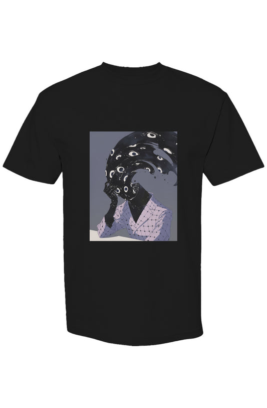 Shinjoku Streetwear XXXVII | Six 25 T-shirt features a surreal illustration of a figure in a patterned blazer with a swirling, eyeball-filled head.