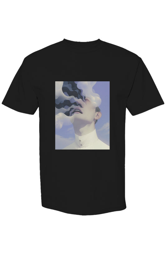 Shinjoku Streetwear XXXIX | Six 25 T-shirt featuring surrealist bust illustration with cloud-like facial forms blending into a sky, printed on black short-sleeve.