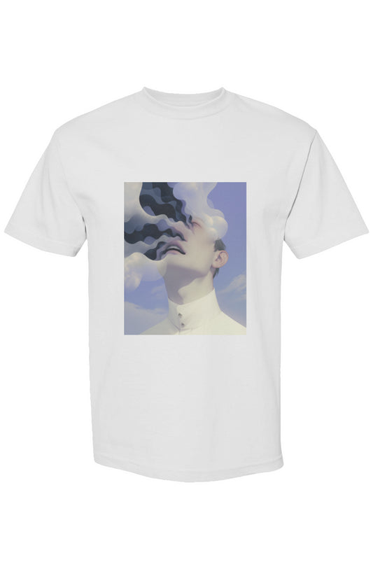 Shinjoku Streetwear XXXIX | Six 25 T-shirt featuring a surreal portrait with wavy cloud forms on a boxy, relaxed-fit white shirt.