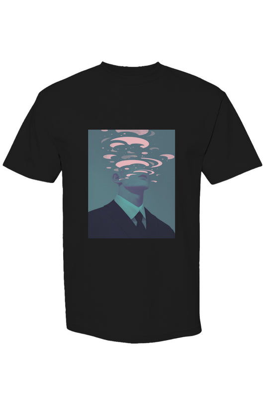 Shinjoku Streetwear XL | Six 25: Black T-shirt with surreal graphic of faceless figure in suit, pink cloud-like head, starry speckles, embodying urban digital artistry.