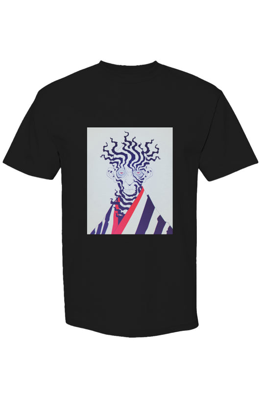 Shinjoku Streetwear XLII | Six 25: Black T-shirt featuring a surreal portrait with undulating blue-purple lines, red-accented eyes, and striped robe design.