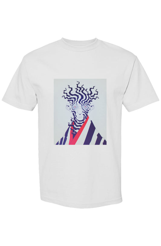 Shinjoku Streetwear XLII | Six 25 T-shirt featuring a surreal abstract face with purple tendrils and diagonal stripes on heavyweight cotton.