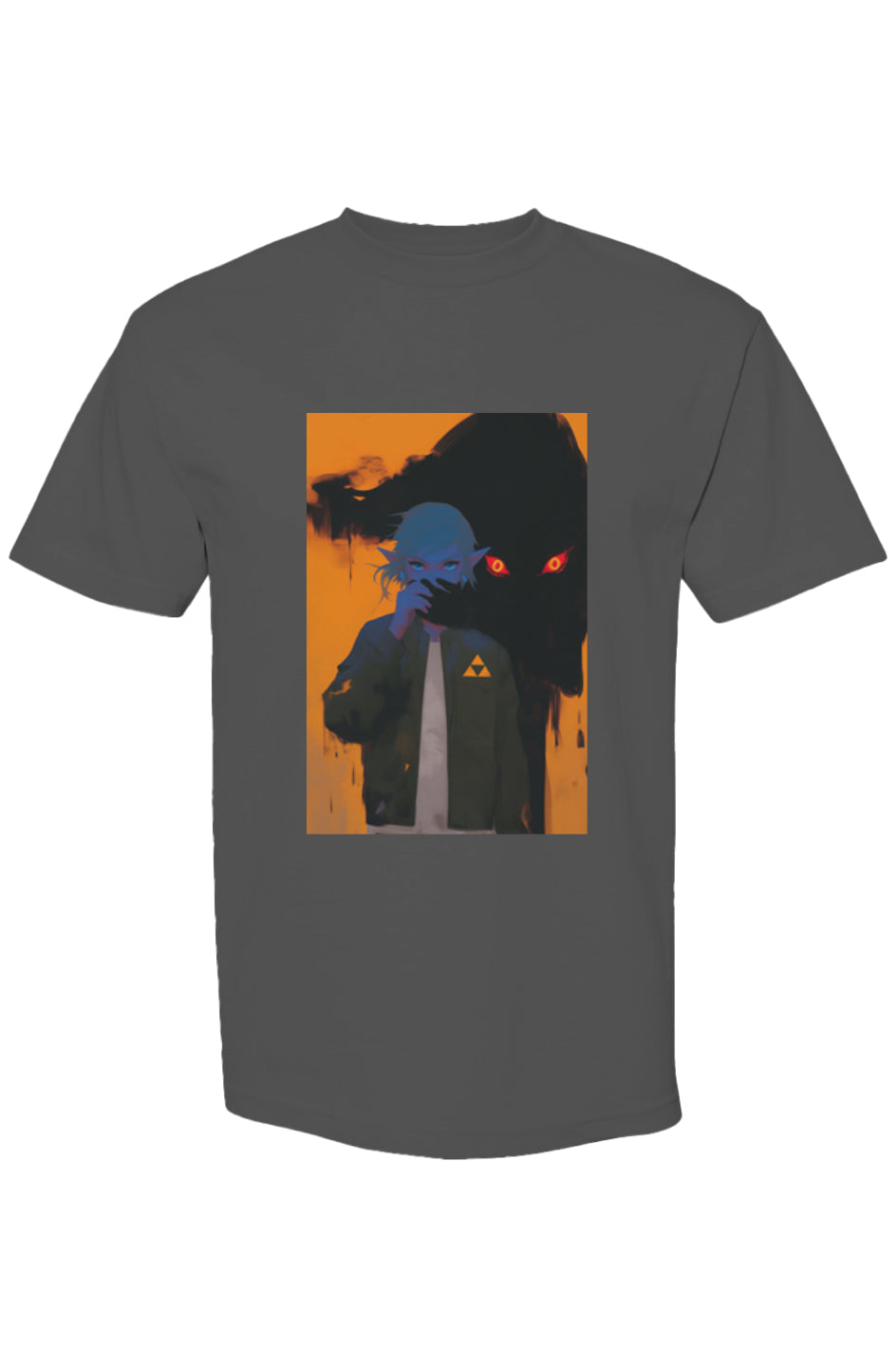 Dark-gray T-shirt featuring an anime-style elf with blue skin and hair, shadowy wolf head, part of Drewsidious Otaku Collection I | Seven 25.