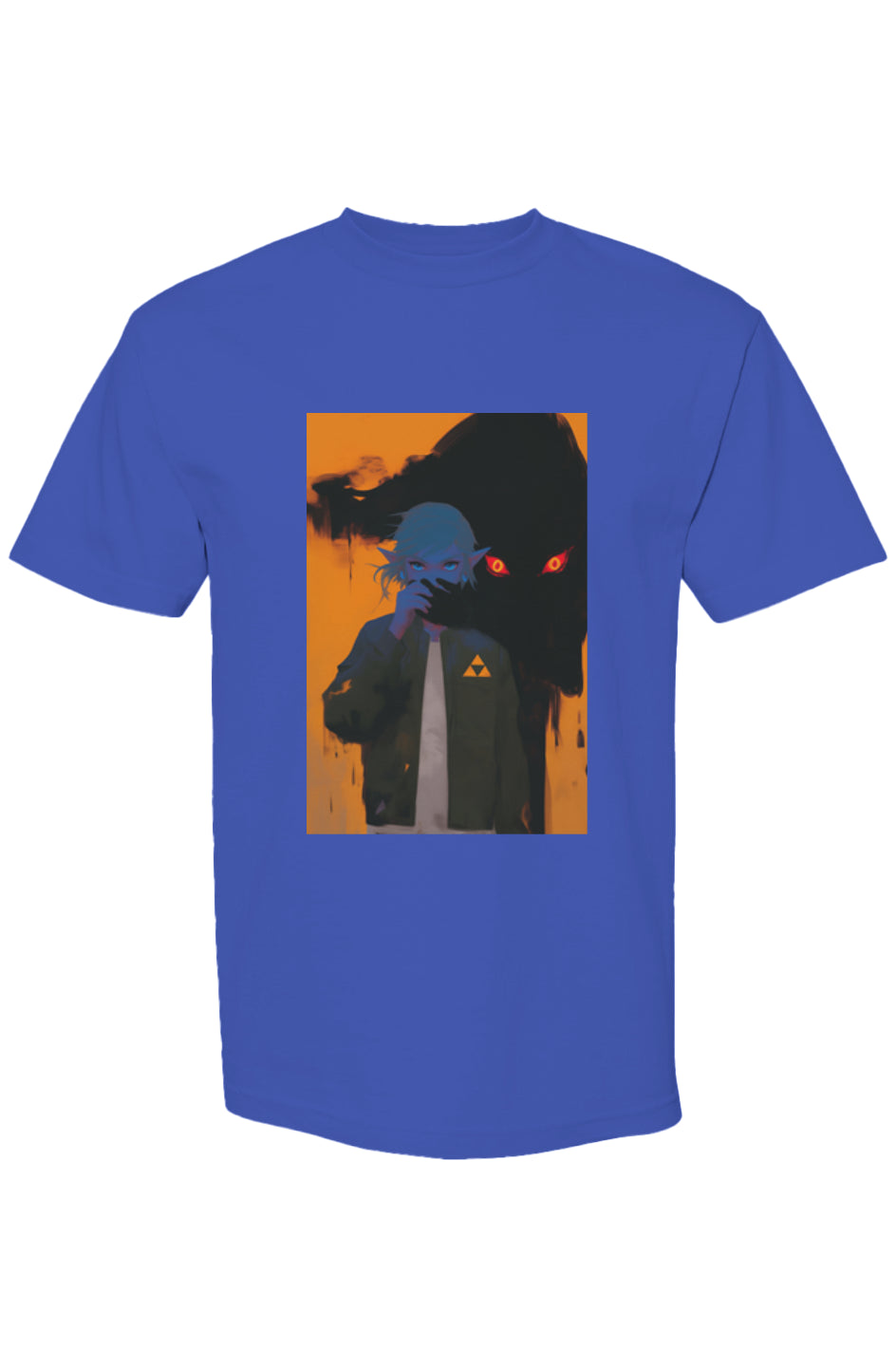 Royal-blue T-shirt featuring anime-style elf figure in modern jacket, part of Drewsidious Otaku Collection I | Seven 25, showcasing bold digital art.