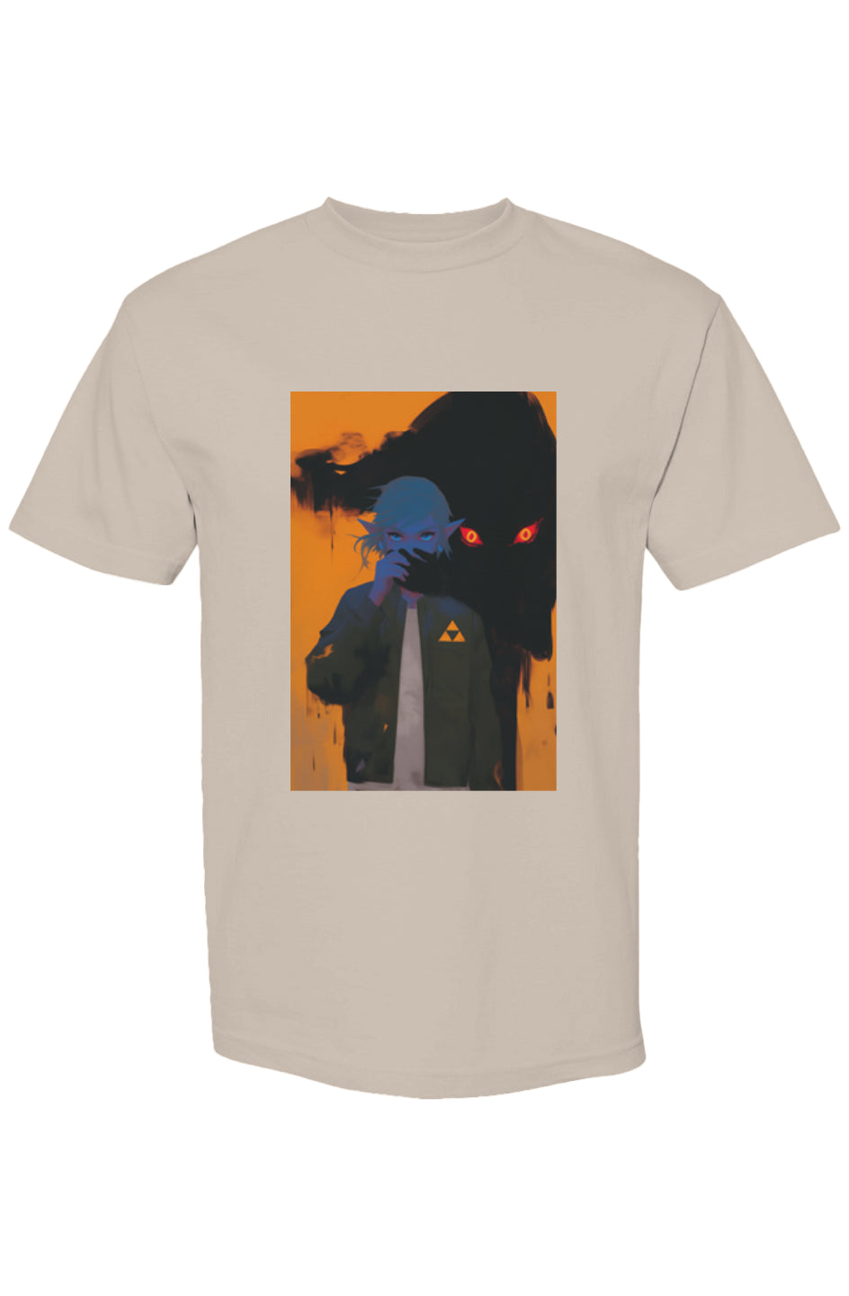 Drewsidious Otaku Collection | Seven 25 T-shirt featuring a comic-style elf figure with Triforce icon and shadowy wolf silhouette, crafted in premium cotton.