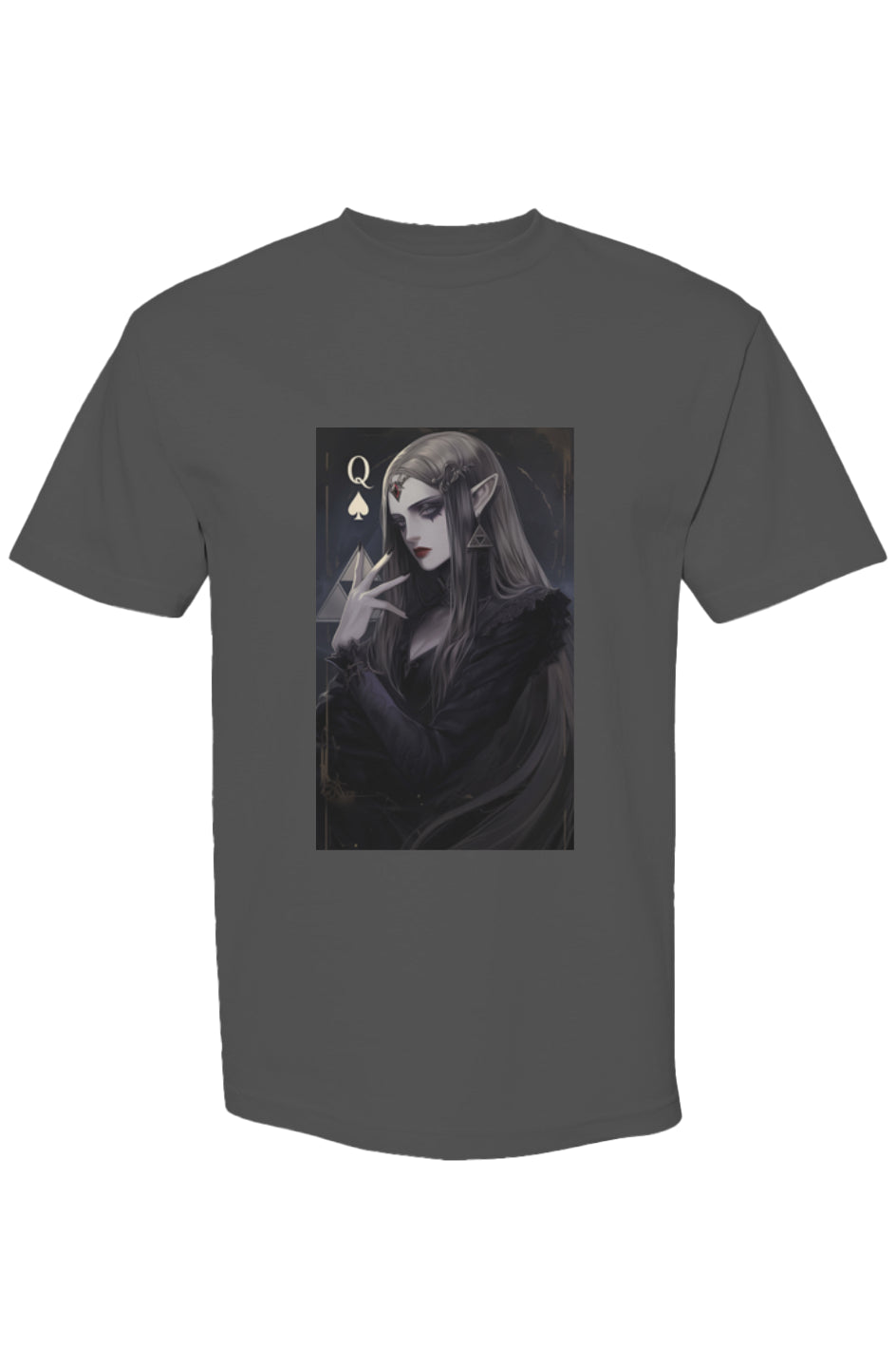 Dark-gray T-shirt featuring a gothic elf queen with silvery hair, red lips, and feathery shawl from Drewsidious Otaku Collection III | Seven 25.
