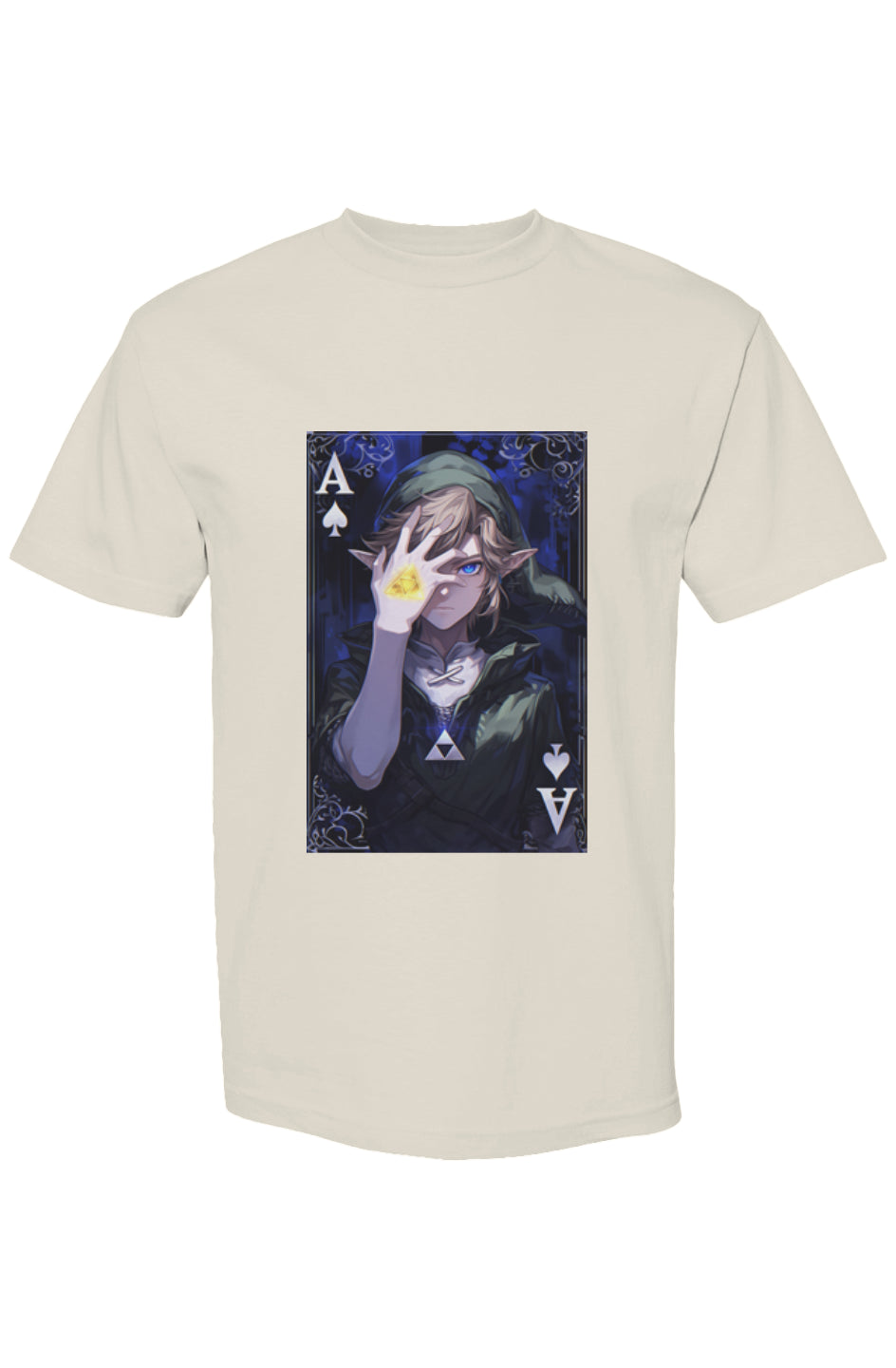 Off-white T-shirt from Drewsidious Otaku Collection IV | Seven 25, featuring a Link-inspired hero holding the Triforce in an Ace playing card design.
