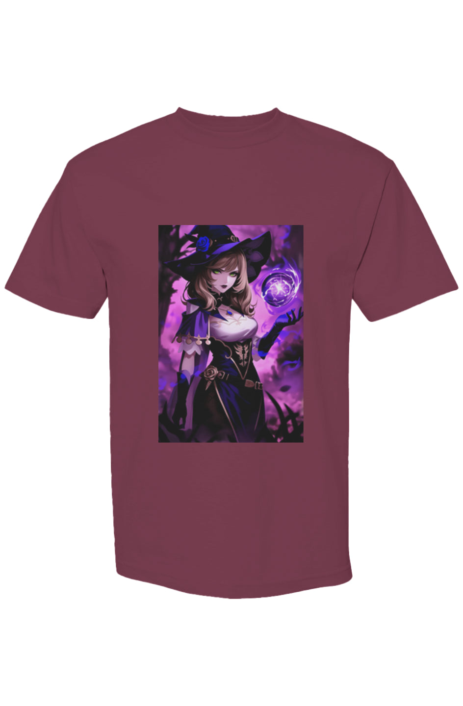 Burgundy T-shirt featuring Drewsidious Otaku Collection's anime sorceress, showcasing a mystical, purple-themed design on heavyweight cotton with a relaxed, fashion-forward fit.