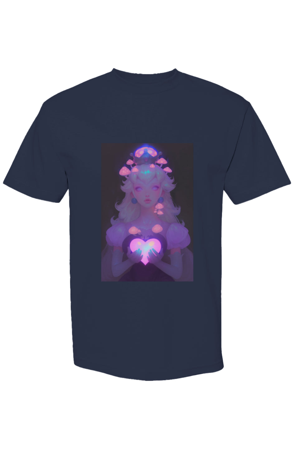 Navy T-shirt from Drewsidious Otaku Collection VI | Seven 25, featuring a surreal portrait with mushrooms and heart-shaped light, showcasing digital artistry on heavyweight cotton.