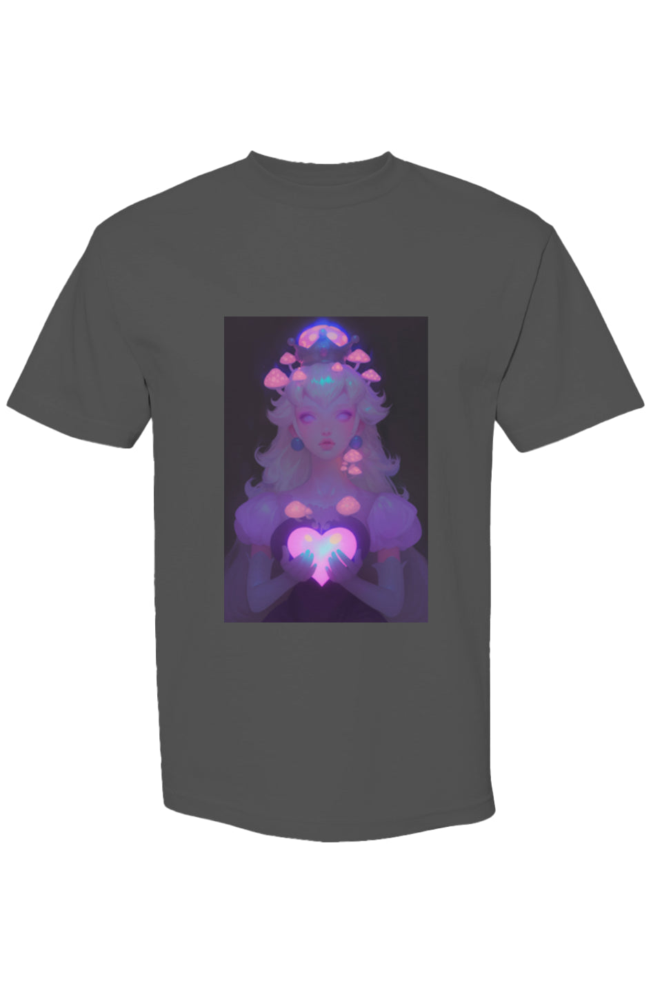 Dark-gray T-shirt from Drewsidious Otaku Collection, featuring a neon fantasy portrait of an elf-like woman with glowing mushrooms and a heart-shaped light.