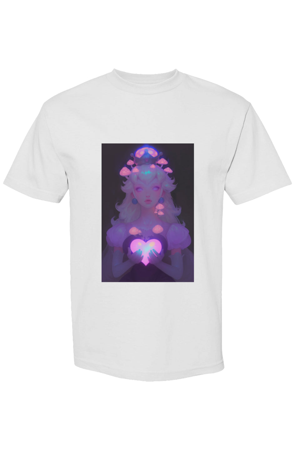 Drewsidious 'Otaku' Collection VI | Seven 25 T-shirt featuring a pastel-neon illustration of an ethereal woman with bioluminescent mushrooms and a glowing heart.