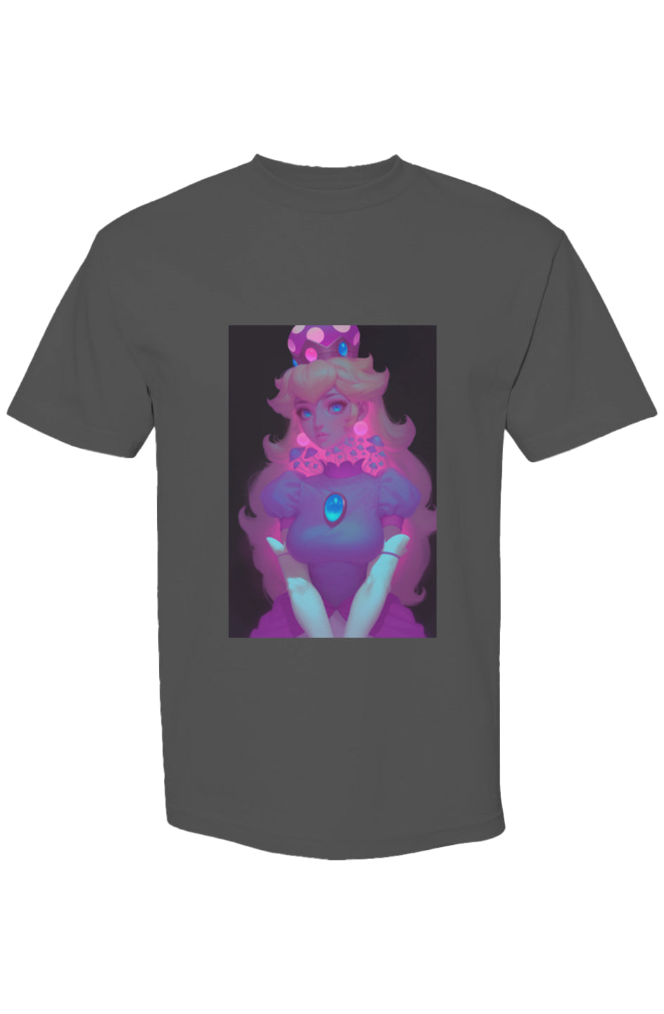 Dark-gray crew-neck T-shirt featuring a neon-lit princess portrait, part of Drewsidious Otaku Collection VII | Seven 25, blending digital art with urban fashion.