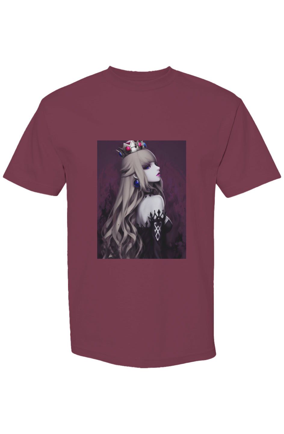 Drewsidious Otaku Collection X | Seven 25 maroon T-shirt featuring anime-style woman with jeweled crown, platinum hair, and black gown on a purple background.
