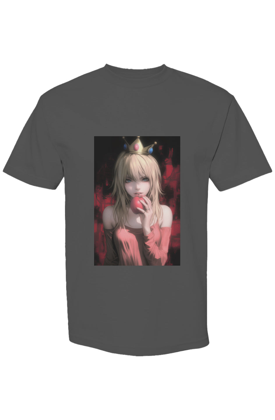 Dark gray T-shirt from Drewsidious Otaku Collection featuring an anime-style portrait of a blonde woman in a jeweled crown holding a red apple.