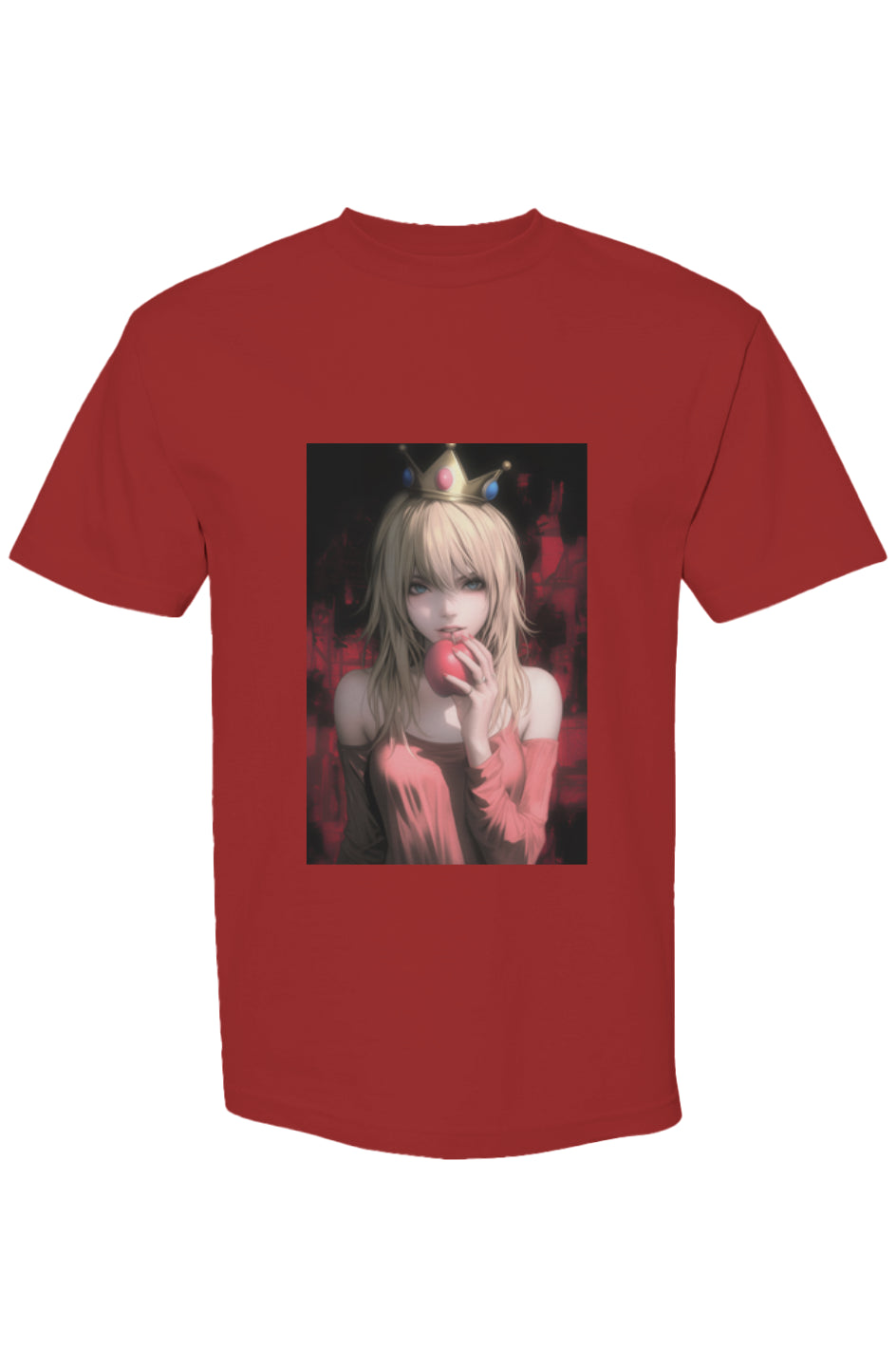 Anime-style red T-shirt from Drewsidious Otaku Collection XI | Seven 25, featuring a crowned girl holding a red orb, in a moody fantasy scene.