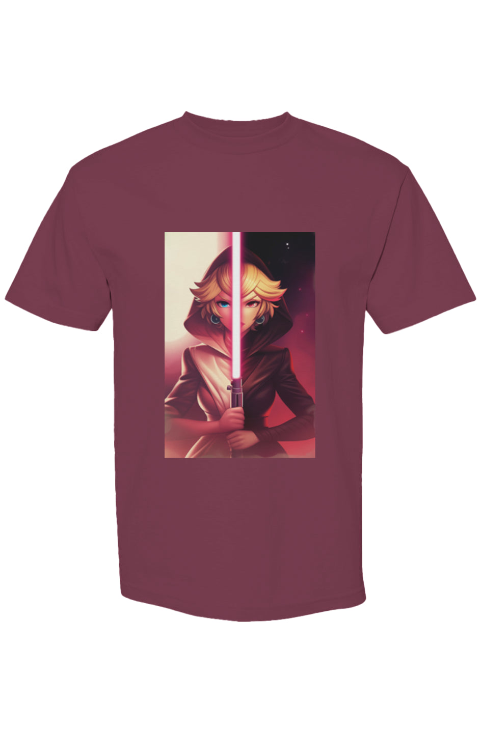 Maroon T-shirt from Drewsidious Otaku Collection XIII | Seven 25, featuring a stylized hooded character with a pink lightsaber, symbolizing a light vs. dark theme.