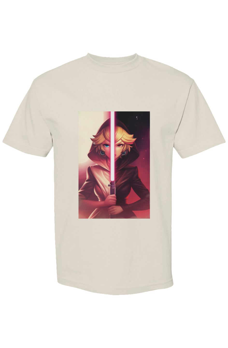 Drewsidious Otaku Collection XIII | Seven 25 T-shirt featuring an anime-inspired figure with a pink lightsaber dividing contrasting backgrounds.