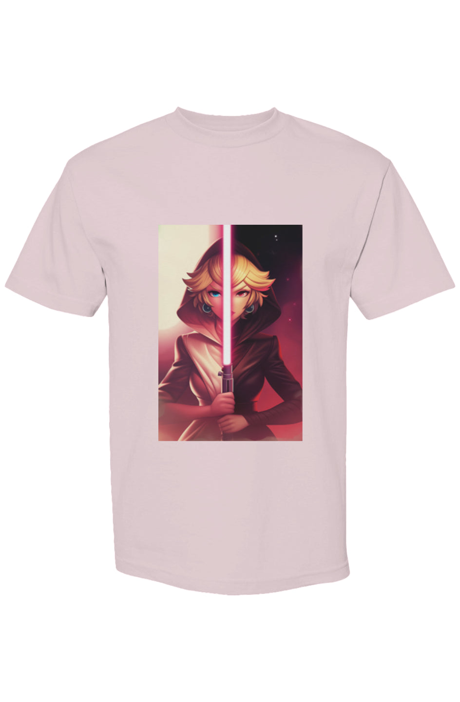 Light-pink crew-neck T-shirt from Drewsidious Otaku Collection XIII | Seven 25, featuring a hooded figure with a glowing pink lightsaber on premium cotton.