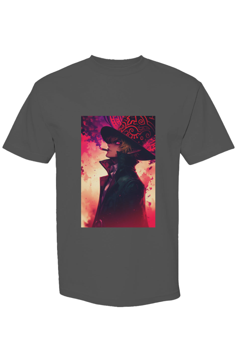 Charcoal-gray T-shirt featuring anime-inspired character from Drewsidious Otaku Collection XIX | Seven 25, showcasing digital artistry with glowing runes and fiery background.