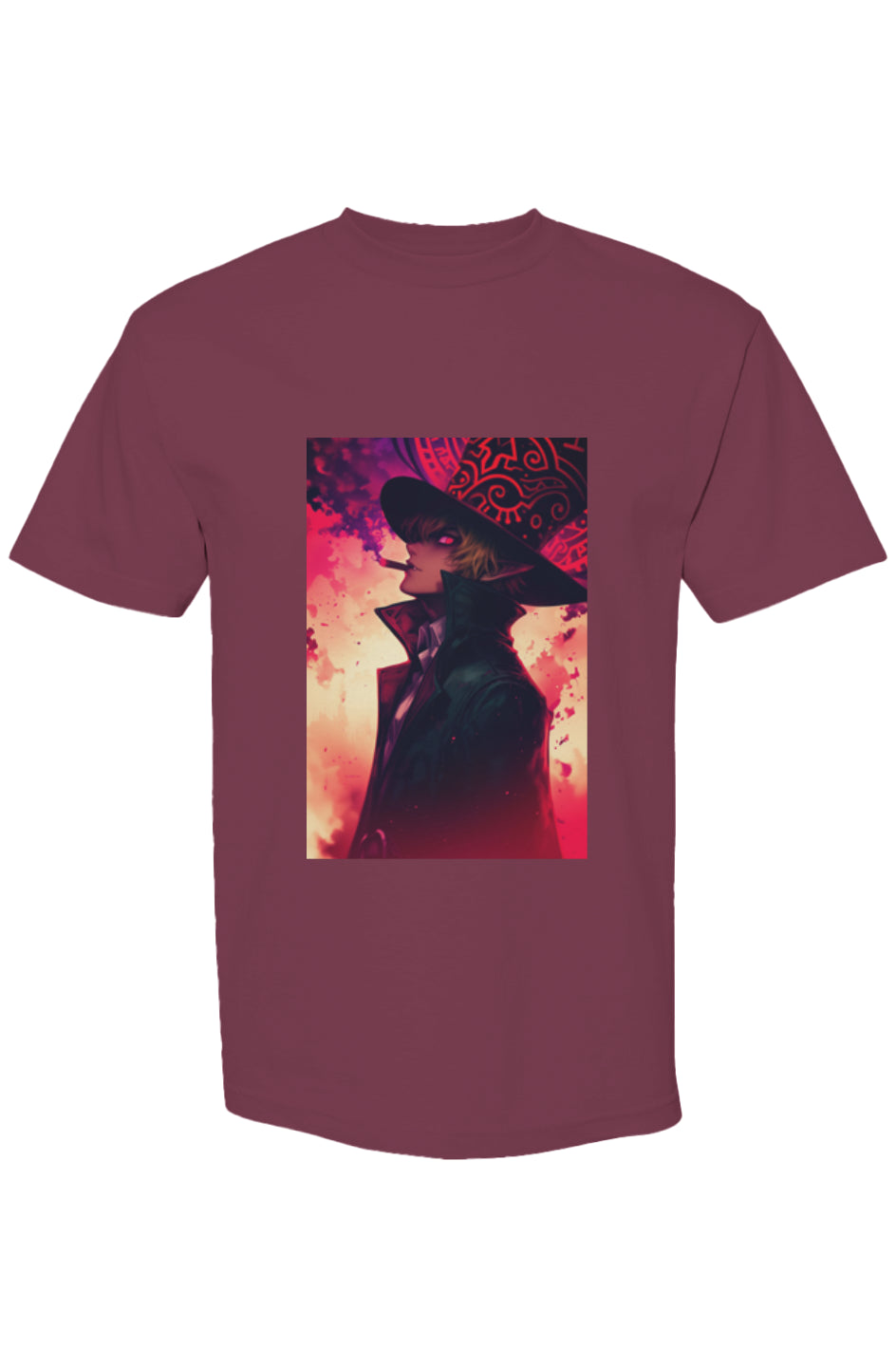 Maroon T-shirt from Drewsidious Otaku Collection XIX | Seven 25, featuring anime character in a witch hat, cigarette aglow, on a fiery backdrop.