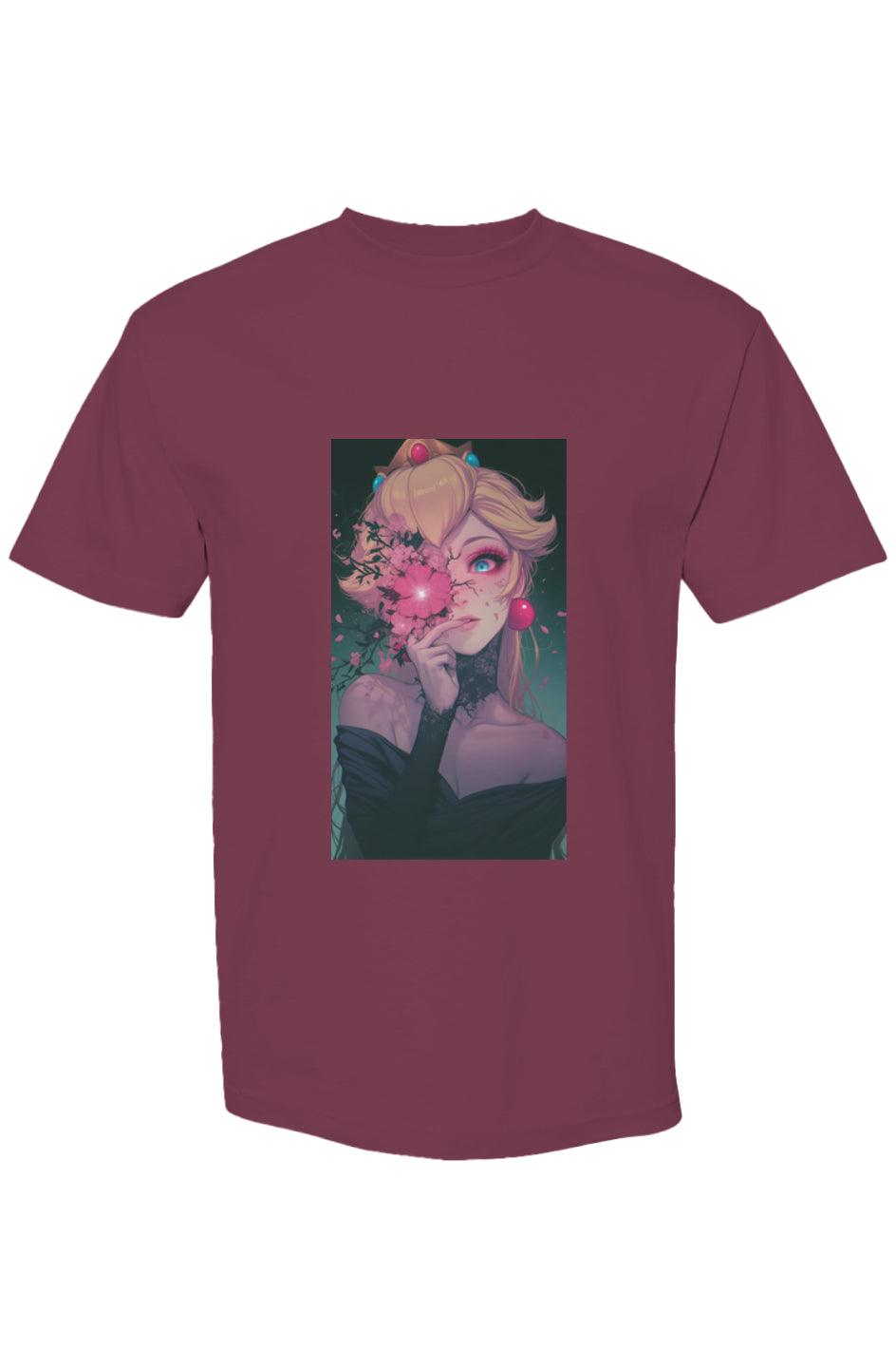 Maroon T-shirt featuring anime-style princess art from Drewsidious Otaku Collection | Seven 25, showcasing a surreal, moody fantasy design on premium cotton.