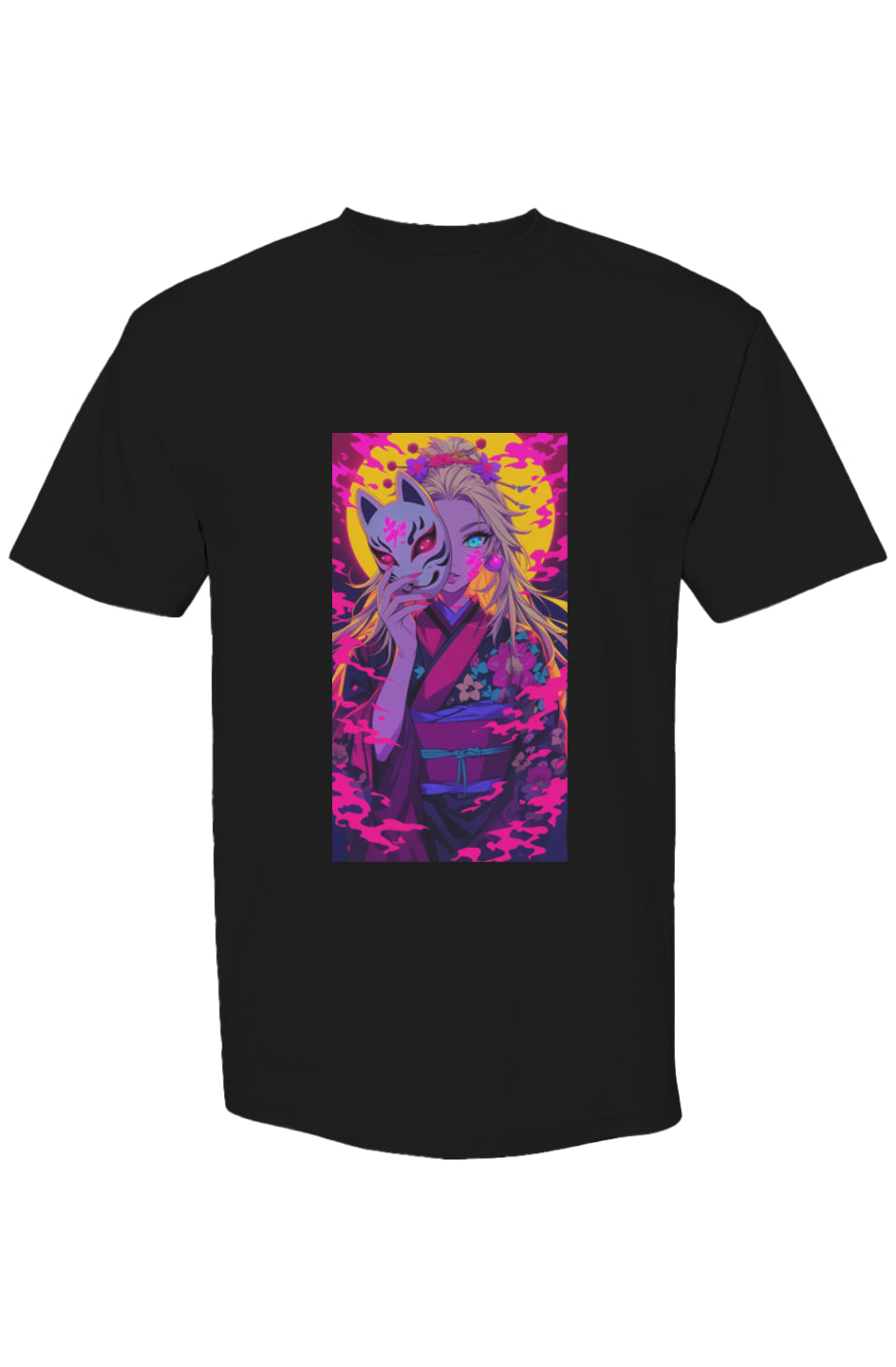 Drewsidious Otaku Collection XXI | Seven 25 T-shirt features an anime woman in a kimono with a kitsune mask, neon smoke, and a glowing circle.
