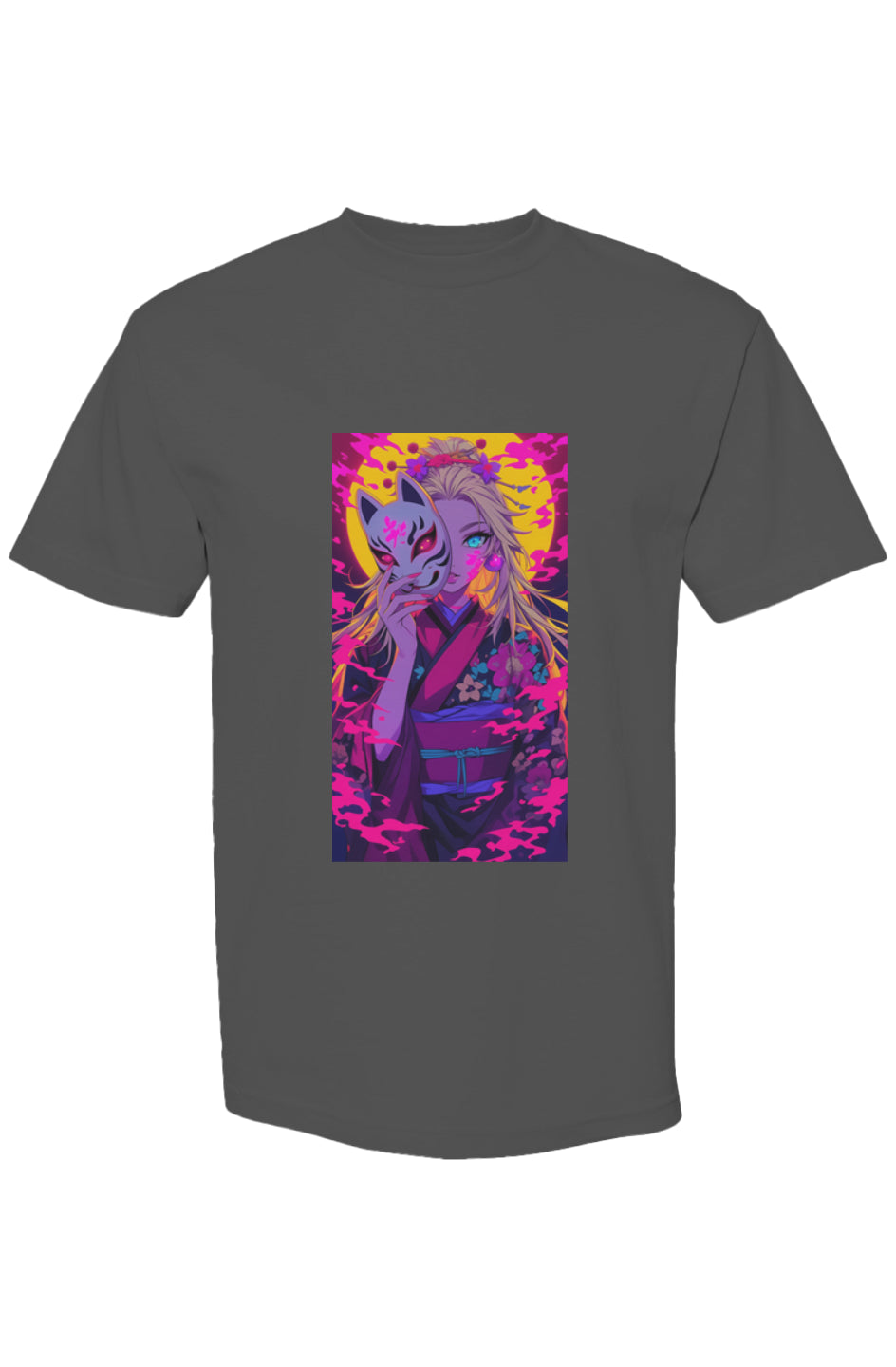 Dark-gray T-shirt featuring a bold anime print of a woman in a floral kimono with a fox mask, from Drewsidious Otaku Collection XXI | Seven 25.